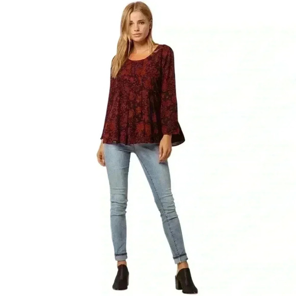 O’NEILL Lianne floral pleated babydoll top bell sleeves cobalt rust sz medium - Picture 4 of 14